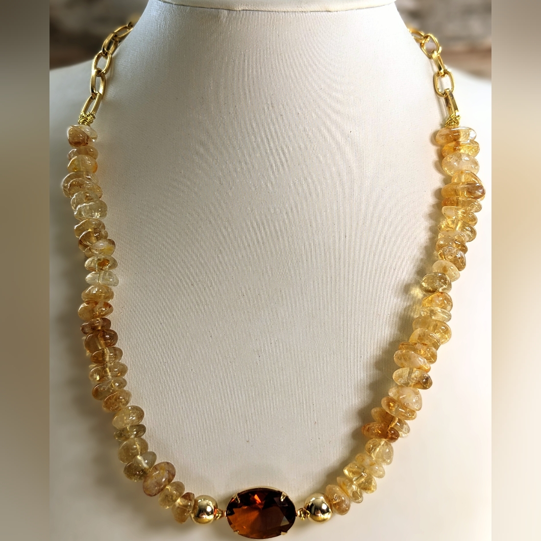 Natural Citrine Chip Beads & Pendant In Paperclip Necklace